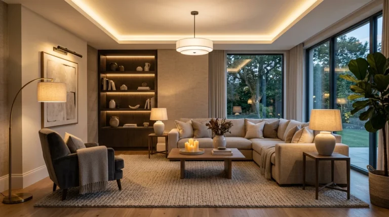 Modern living room featuring layered lighting with ambient, task, and accent lights creating a warm and inviting interior.