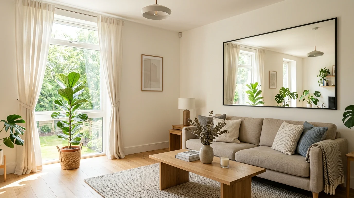 Large wall mirror reflecting natural sunlight across a bright modern living room with neutral decor.
