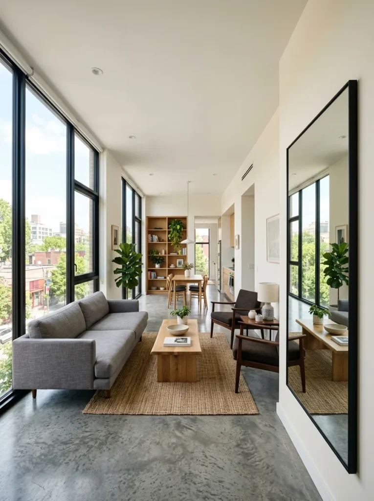Mirror placed beside a window to spread natural light across the room.