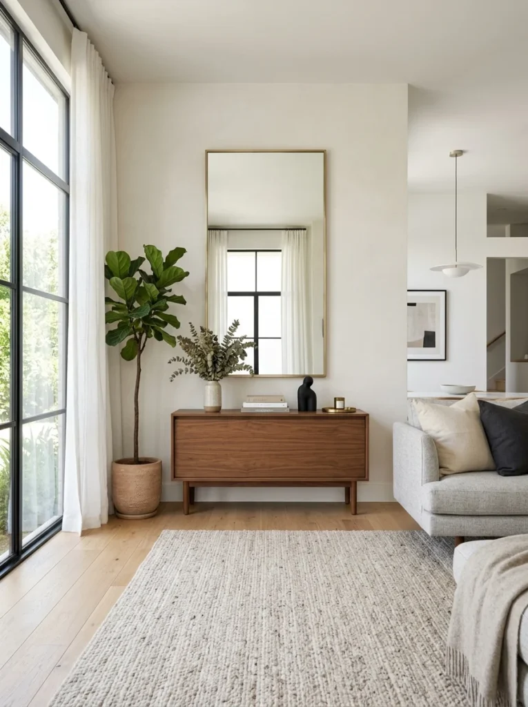 Rectangular mirror above a console table in a modern living room.