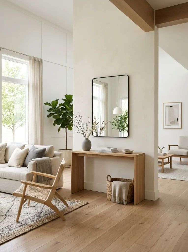 Minimalist framed mirror in a clean Scandinavian living room.