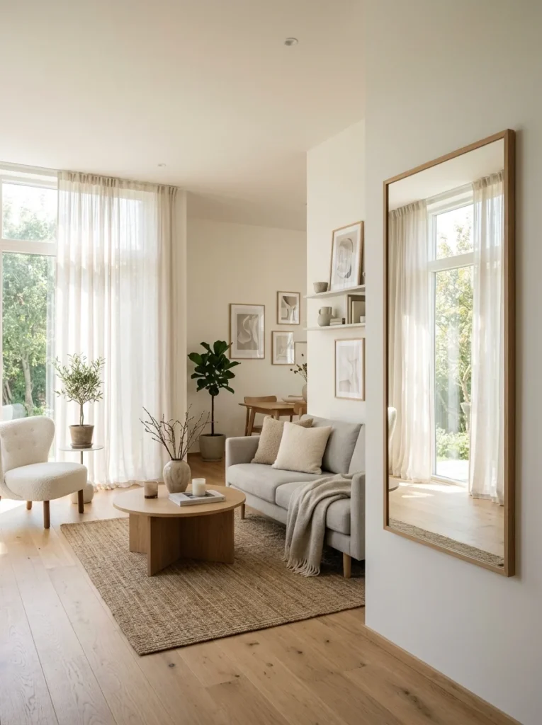 Sheer curtains allowing sunlight to reflect from a large living room mirror.