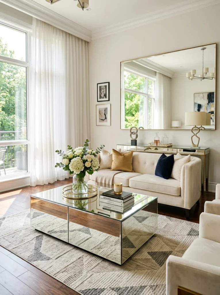 Mirrored furniture helping distribute natural light throughout a modern living room.