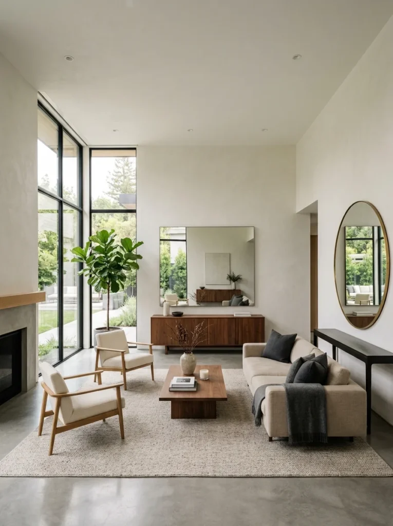 Round and rectangular mirrors demonstrating how each shape complements existing room lines.