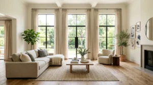 Elegant living room featuring perfectly measured floor-length curtains that gently graze the floor.