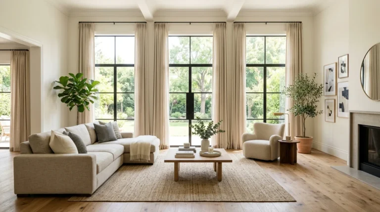Elegant living room featuring perfectly measured floor-length curtains that gently graze the floor.