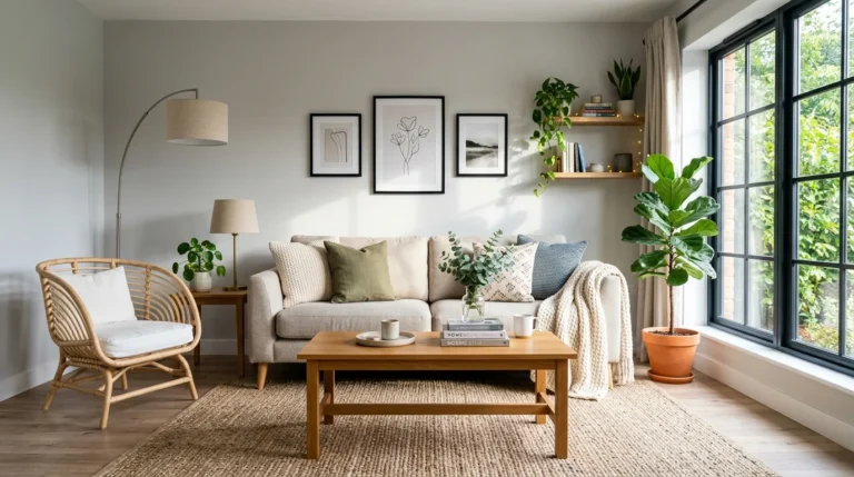 Modern budget-friendly living room with stylish decor, neutral furniture, indoor plants, layered lighting, and affordable design ideas.