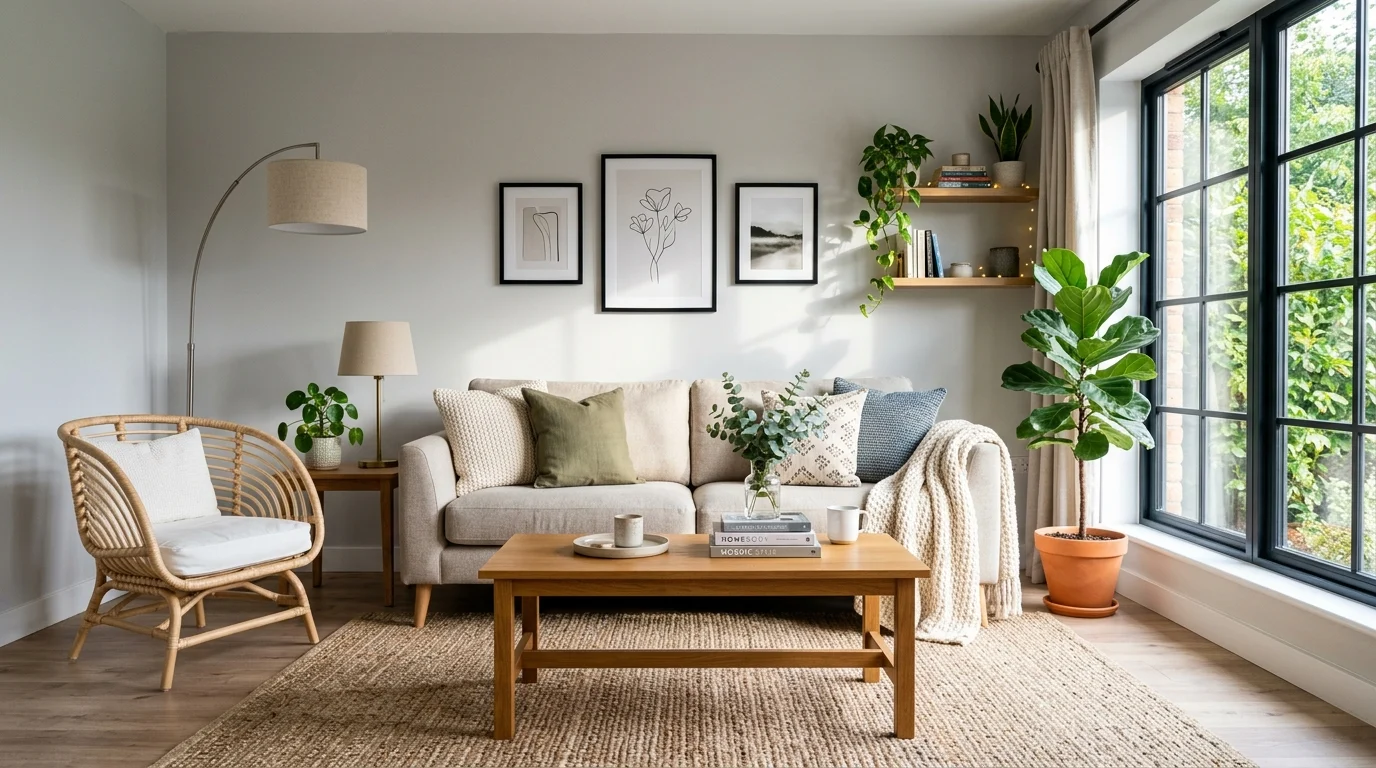 Modern budget-friendly living room with stylish decor, neutral furniture, indoor plants, layered lighting, and affordable design ideas.