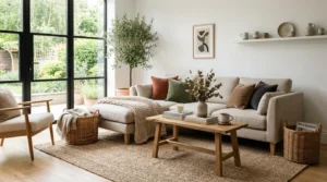 Balanced living room with layered textures including linen, jute, wood, velvet and rattan creating a cozy yet uncluttered interior.