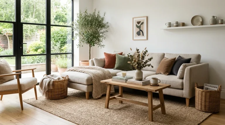 Balanced living room with layered textures including linen, jute, wood, velvet and rattan creating a cozy yet uncluttered interior.