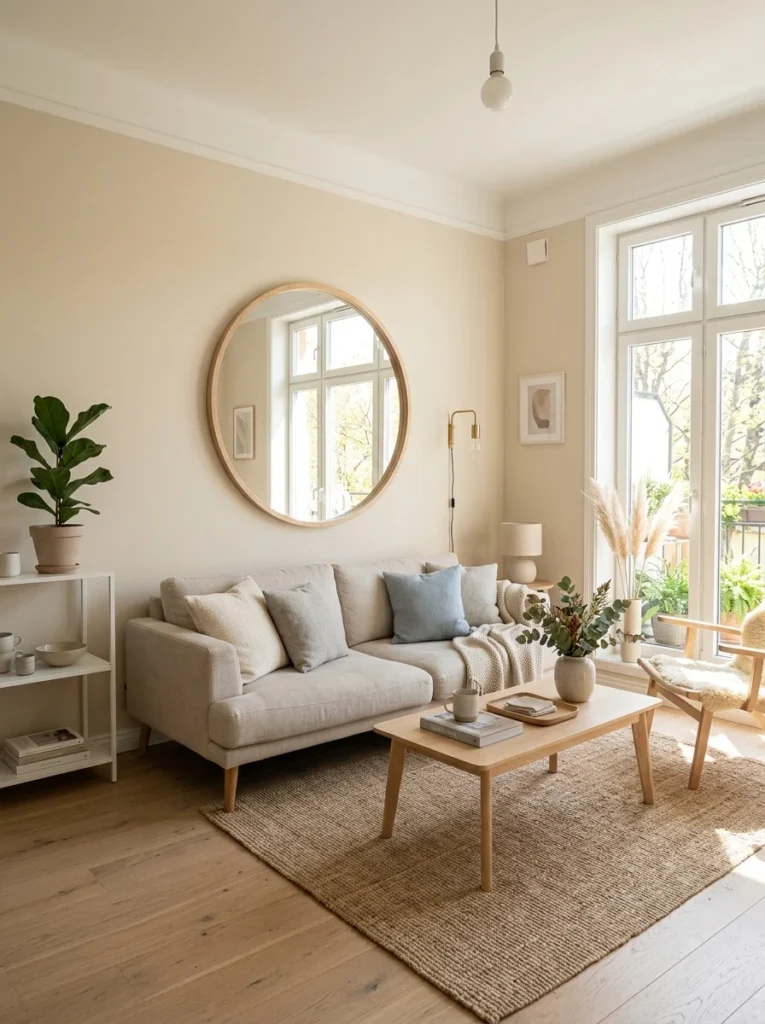 Large mirror reflecting sunlight in a living room with light-colored walls.