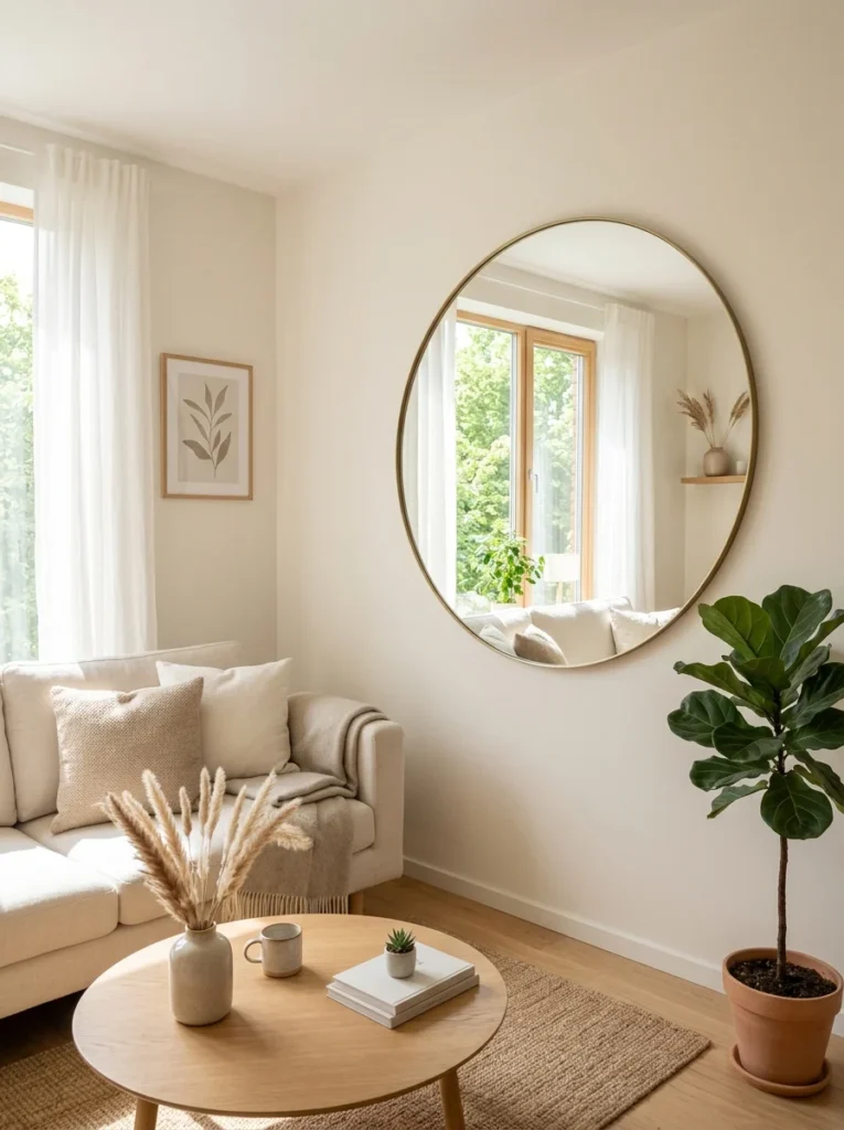 Large mirror making a small room appear bigger.