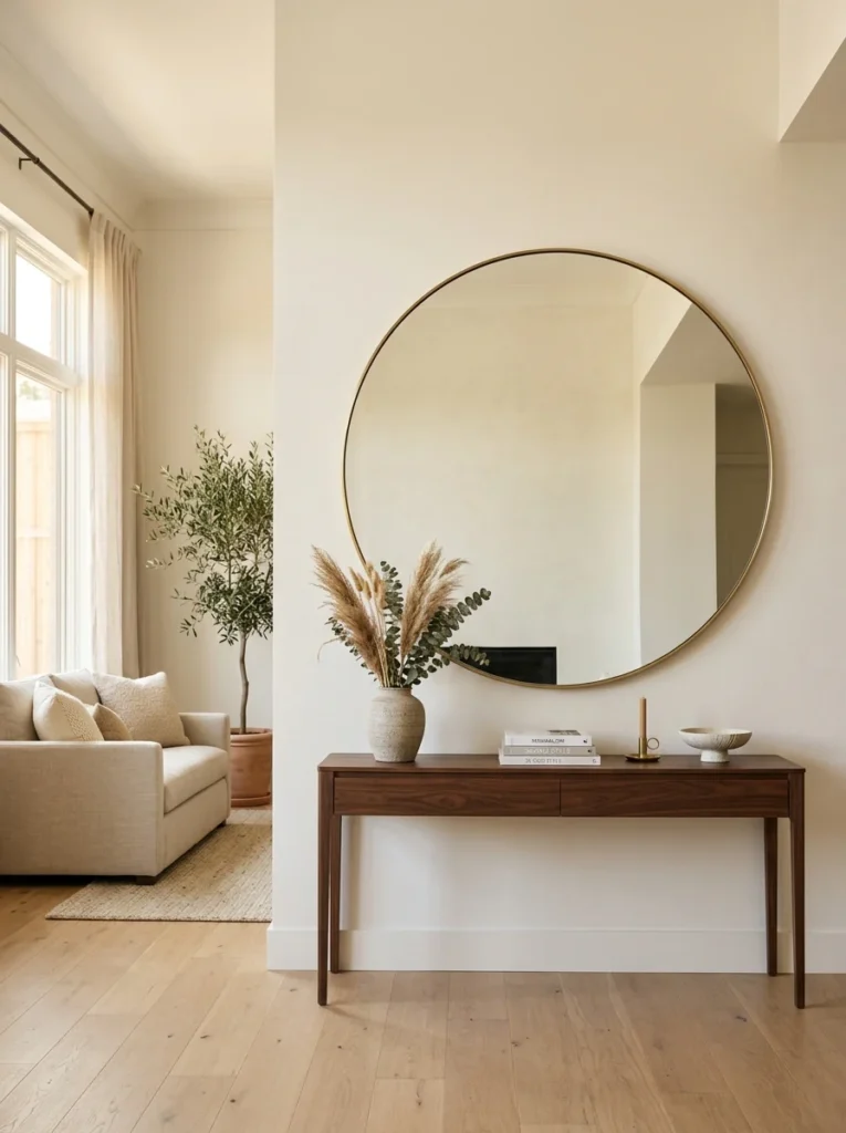 Large round wall mirror serving as the main decorative feature in a modern living room.