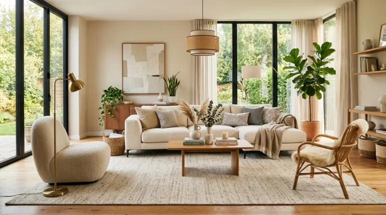 Modern living room with the correctly sized area rug placed under the seating arrangement.