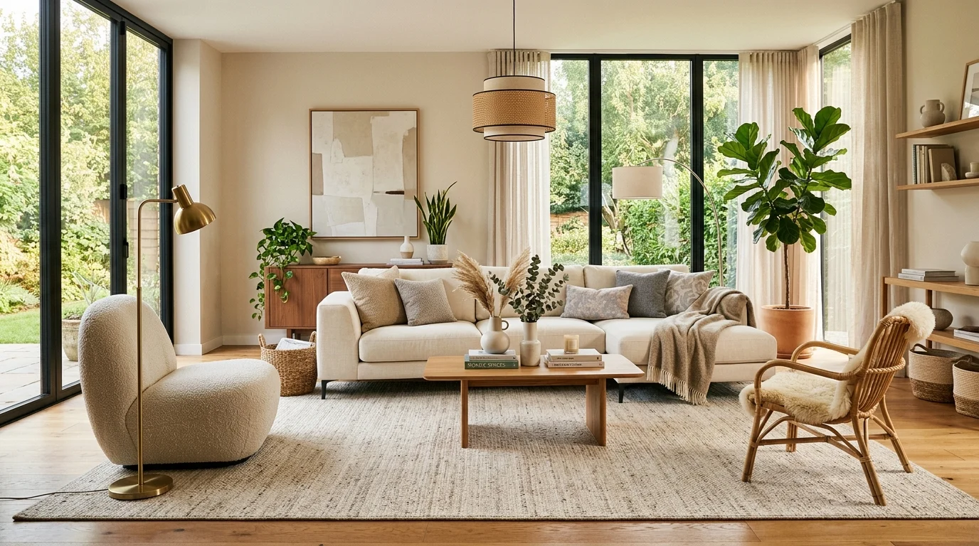 Modern living room with the correctly sized area rug placed under the seating arrangement.