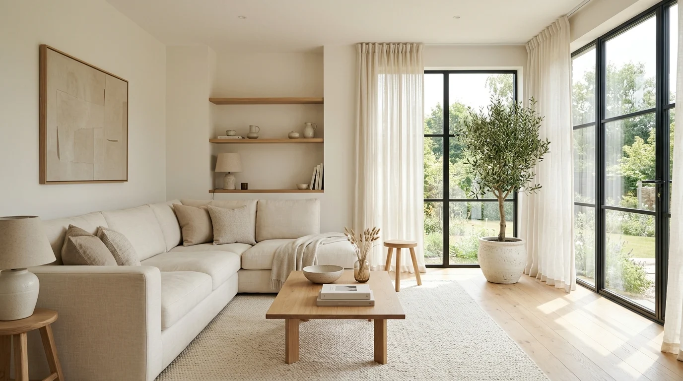 Warm minimalist living room featuring a cream sofa, oak furniture, soft natural textures, and bright neutral décor.