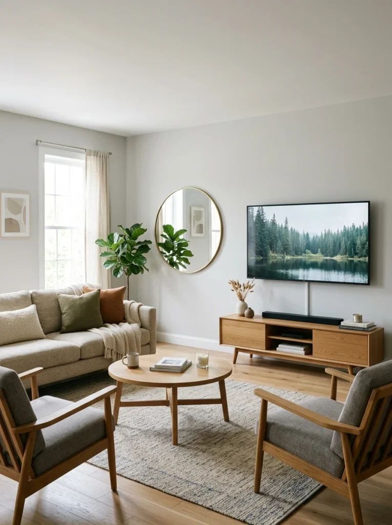 Wall mirror positioned to avoid reflecting glare onto a television screen.