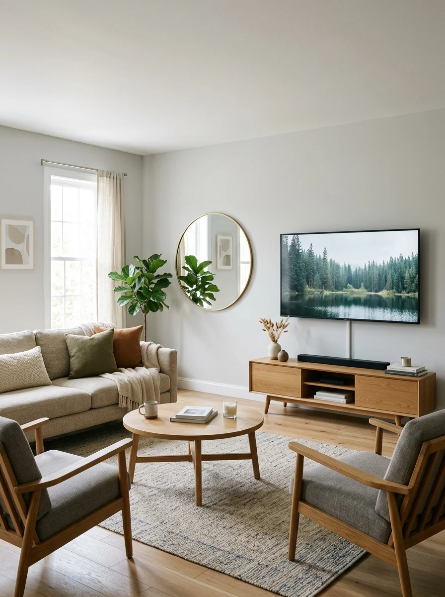 Wall mirror positioned to avoid reflecting glare onto a television screen.