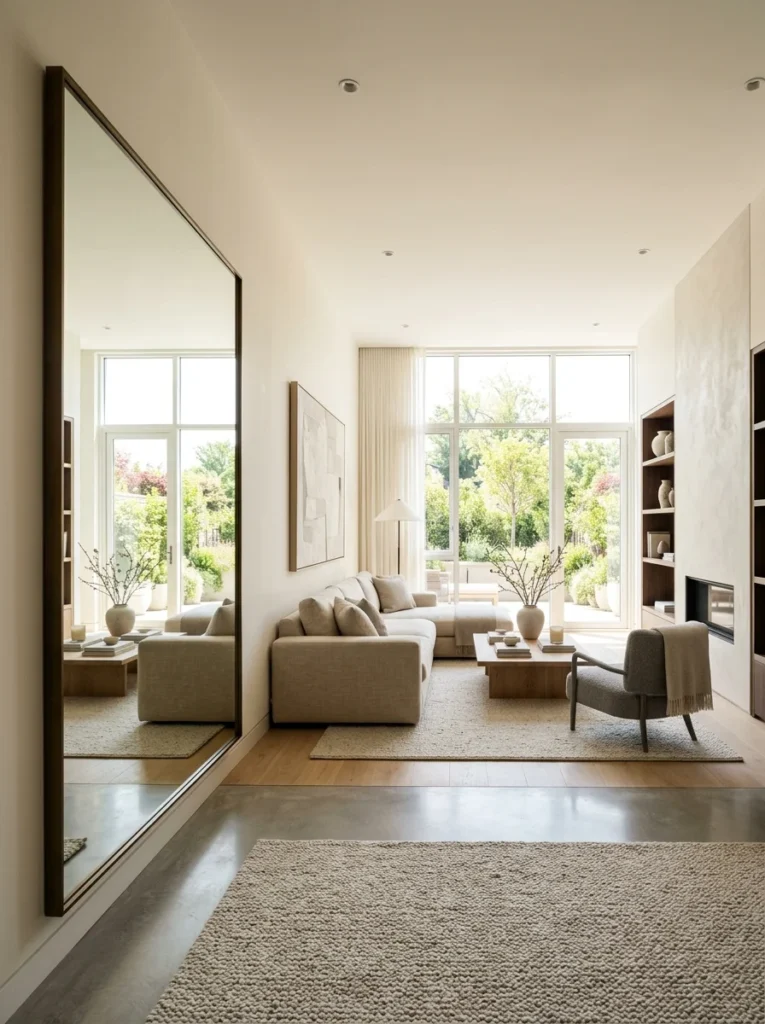 Oversized rectangular mirror enhancing light and openness in a modern living room.
