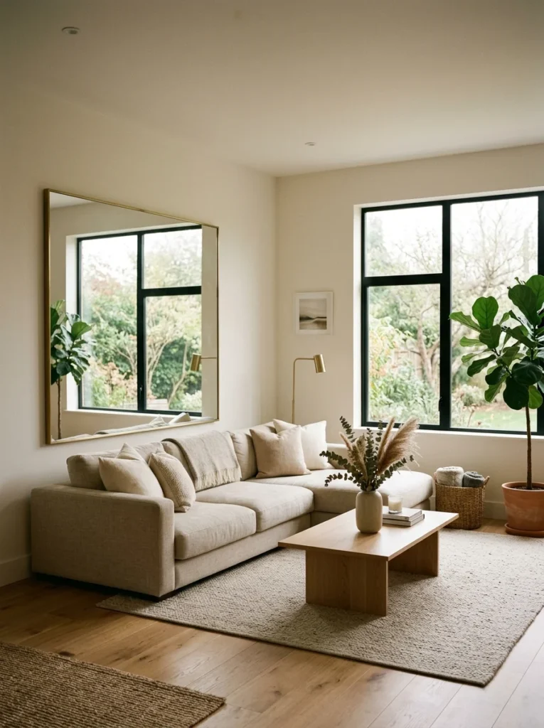 Modern living room showing how a mirror opposite a window increases natural light.