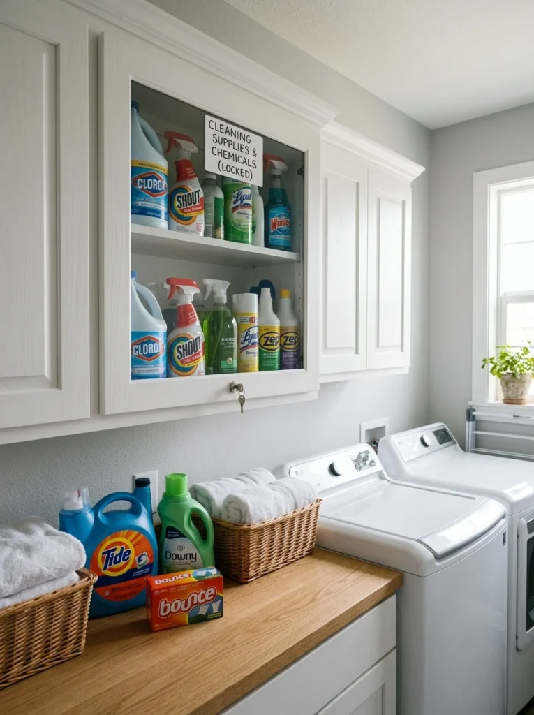 Locked cabinet storing hazardous laundry cleaning products safely.