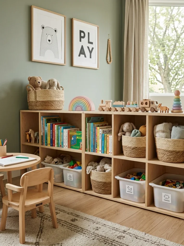 Accessible toy and book storage encouraging toddler independence.