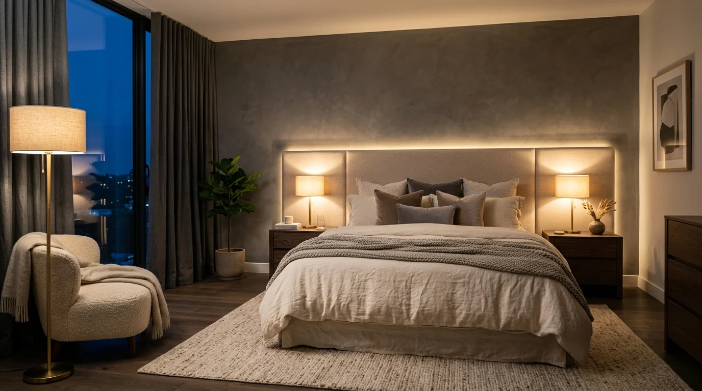 Modern bedroom with layered warm lighting creating a cozy and relaxing evening atmosphere.