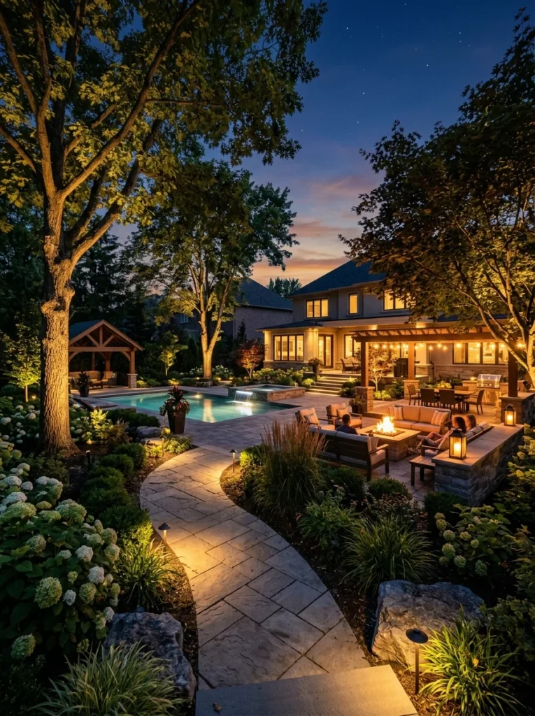 Beautiful backyard landscape illuminated with pathway lights and tree uplighting at dusk.
