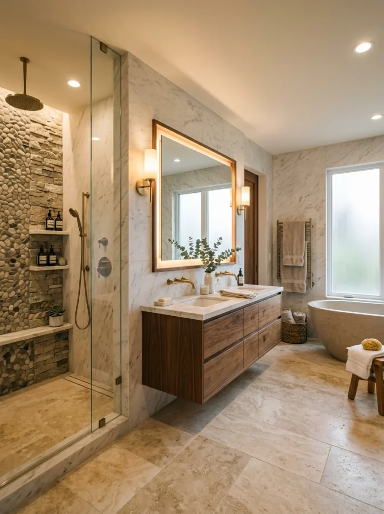 Luxury bathroom featuring natural stone tile finishes.