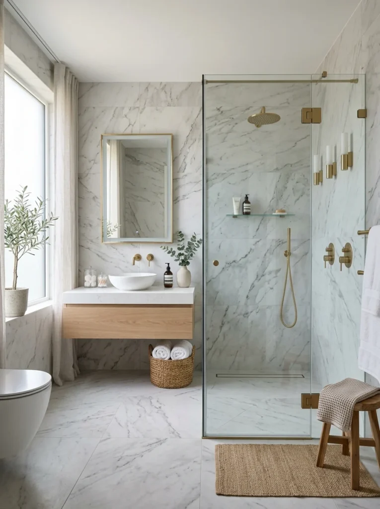 Modern bathroom with durable marble-look porcelain tiles.