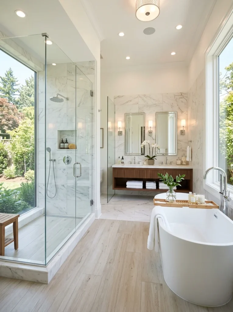 Luxury bathroom with shower and bathtub designed to increase resale appeal.