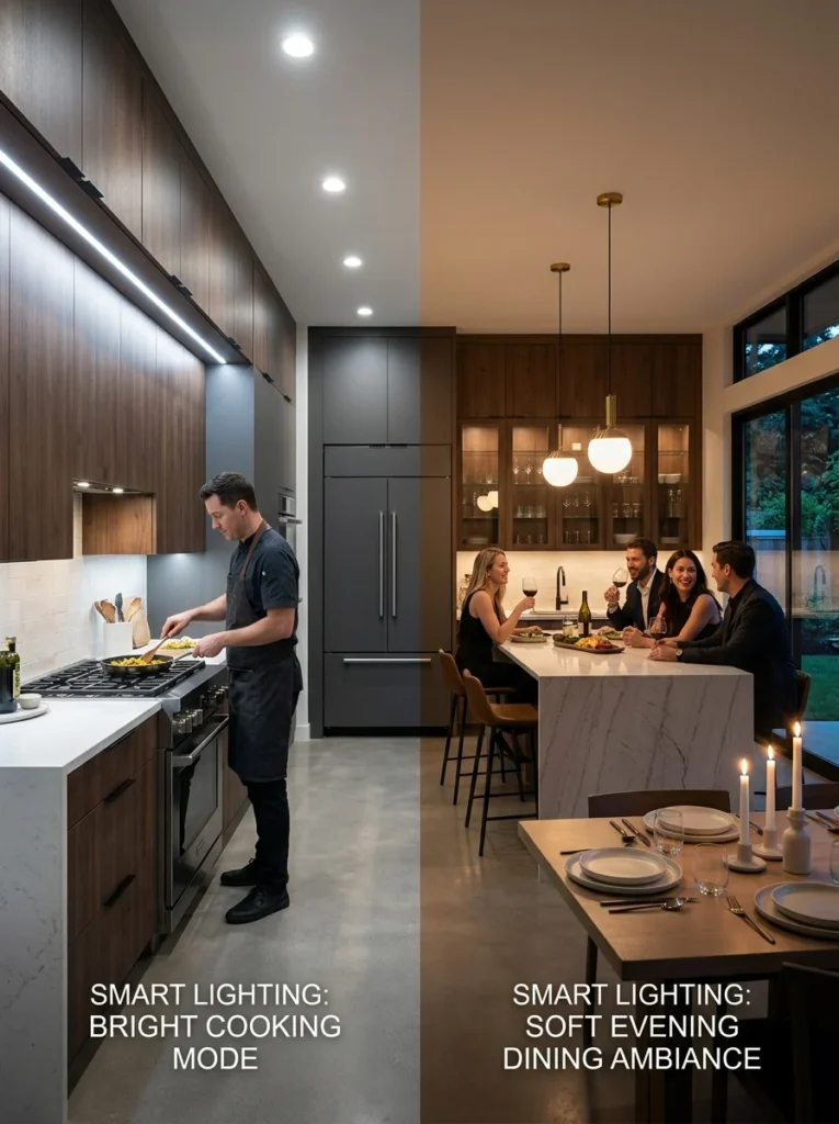 Modern kitchen showing adjustable lighting levels using dimmer switches.