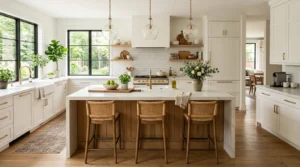 Modern kitchen with a stylish functional kitchen island designed for storage, food preparation, and everyday family use.