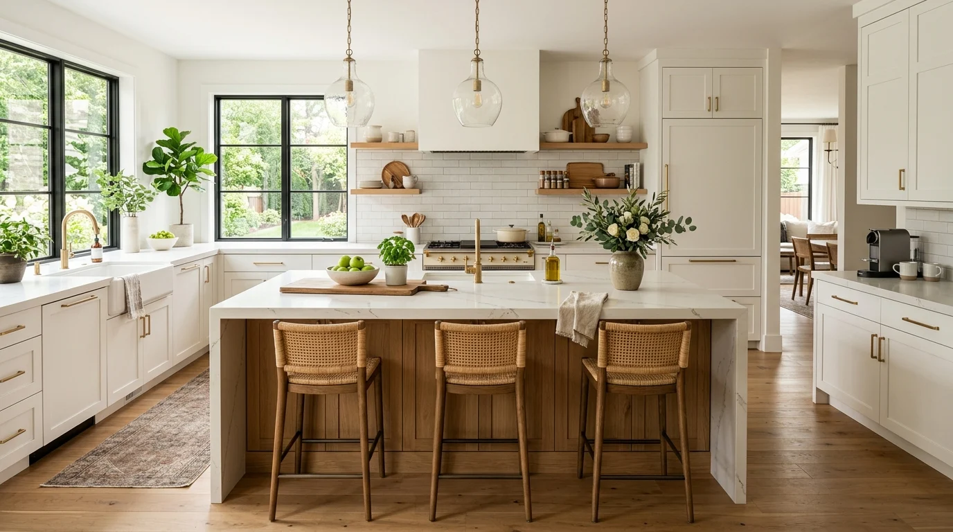 Modern kitchen with a stylish functional kitchen island designed for storage, food preparation, and everyday family use.