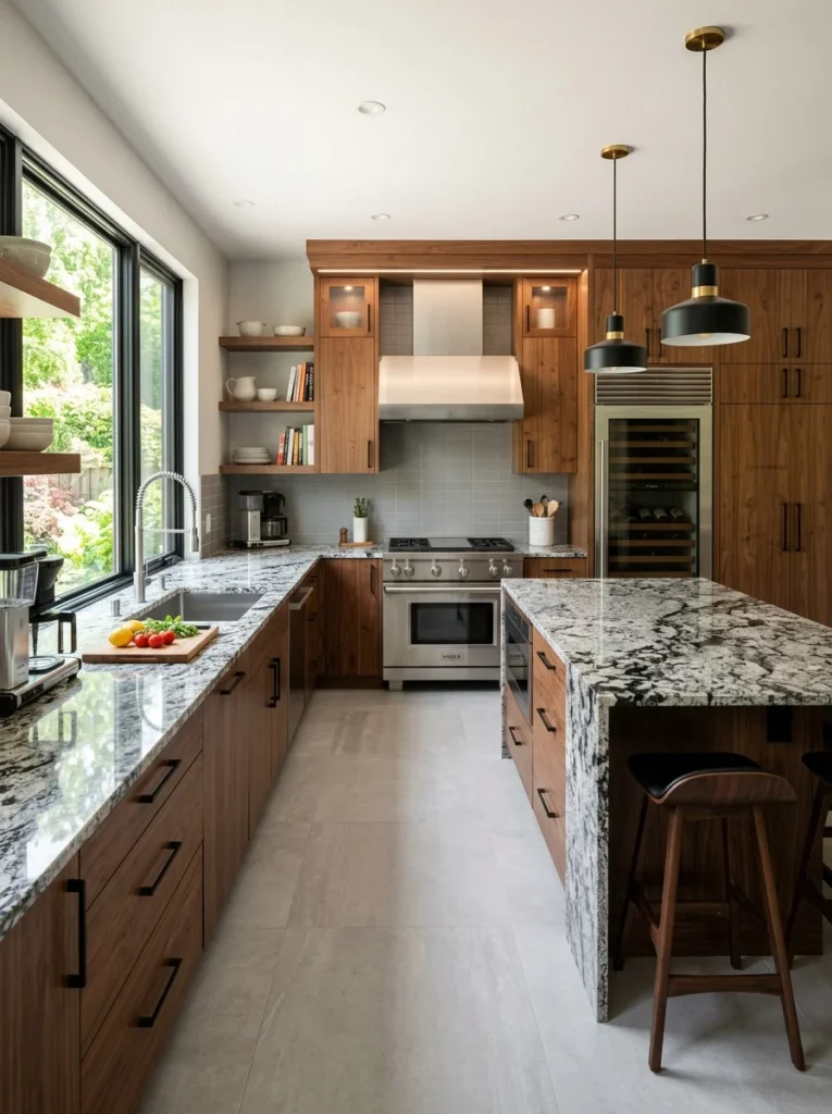 Elegant kitchen showcasing polished natural granite countertops with unique stone patterns.