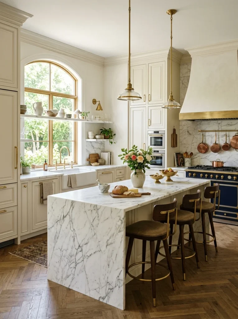 Luxury kitchen featuring timeless white marble countertops with natural veining.
