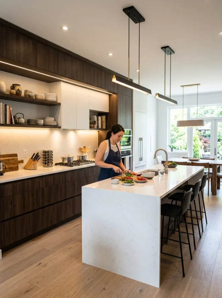 Kitchen countertop illuminated with focused task lighting for food preparation.