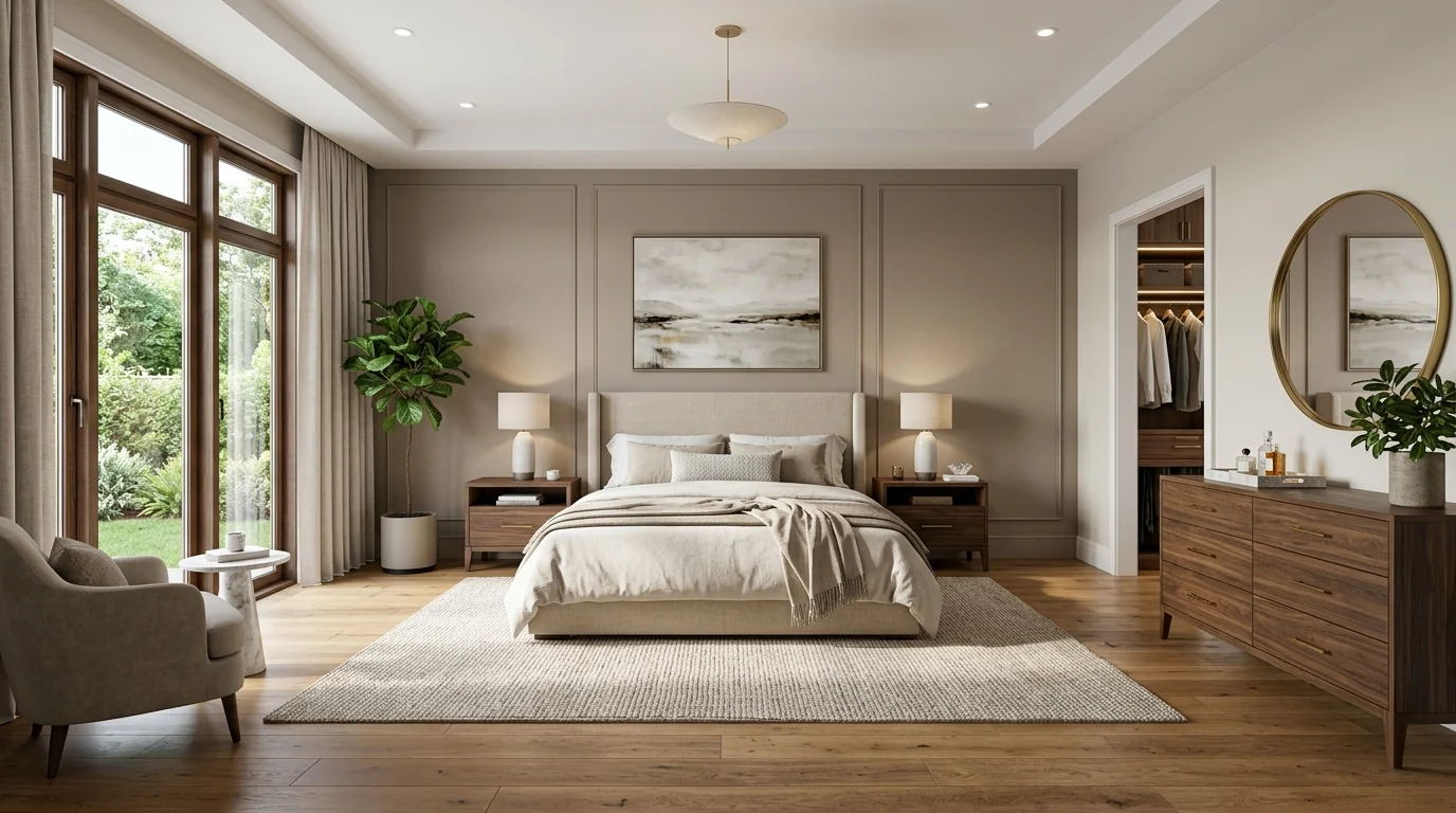 Luxury master bedroom with a functional furniture layout, centered bed, spacious walkways, and balanced storage for better flow.