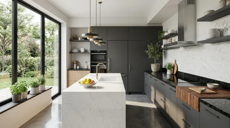Modern kitchen featuring quartz, granite, wood, and marble countertop materials in a contemporary interior.
