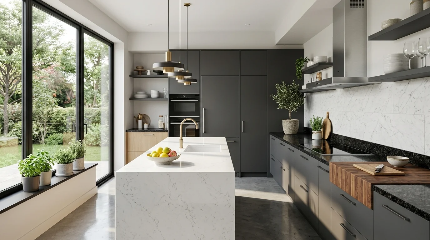 Modern kitchen featuring quartz, granite, wood, and marble countertop materials in a contemporary interior.