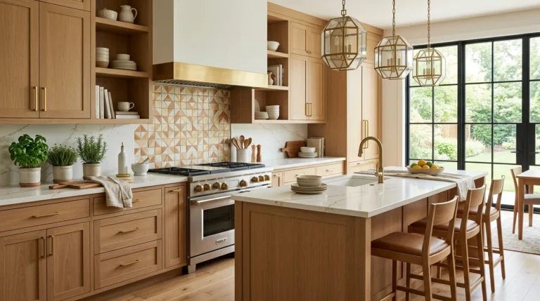 Modern kitchen featuring a stylish backsplash with quartz countertops and warm neutral cabinetry.