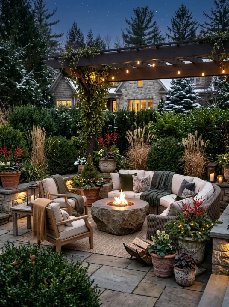 Outdoor living area surrounded by evergreen plants and seasonal landscaping.