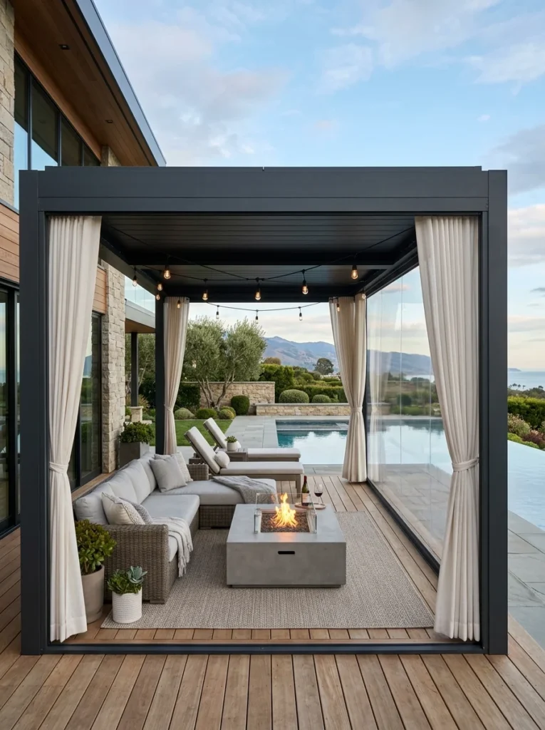 Outdoor seating area with clear wind-blocking panels and curtains for year-round comfort.