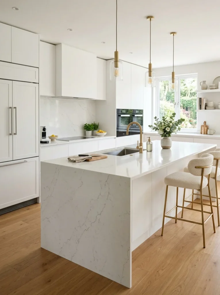 Contemporary kitchen featuring durable white quartz countertops with marble-look veining.