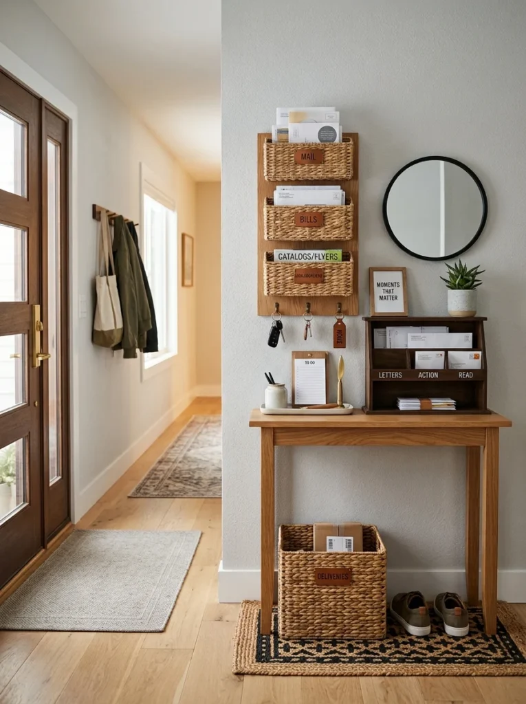 Organized mail station replacing recurring household clutter.
