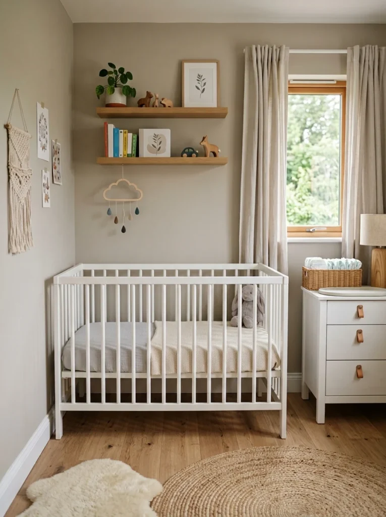 White mini crib saving space inside a compact nursery.