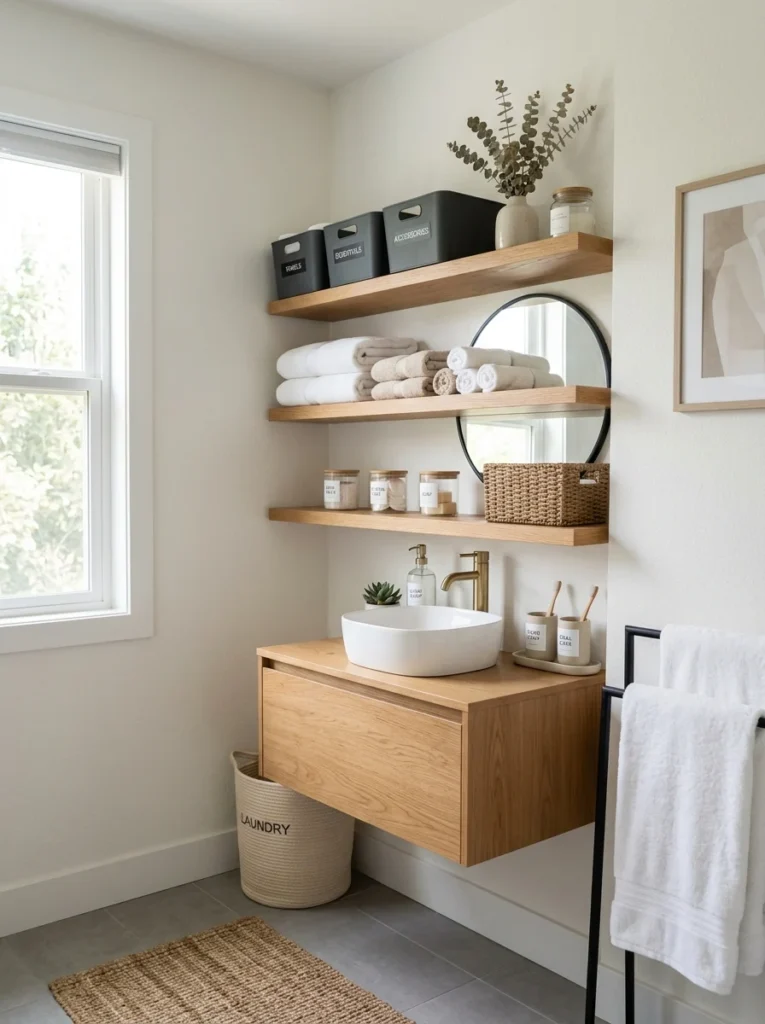 Well-organized bathroom maintained with simple daily organization habits.