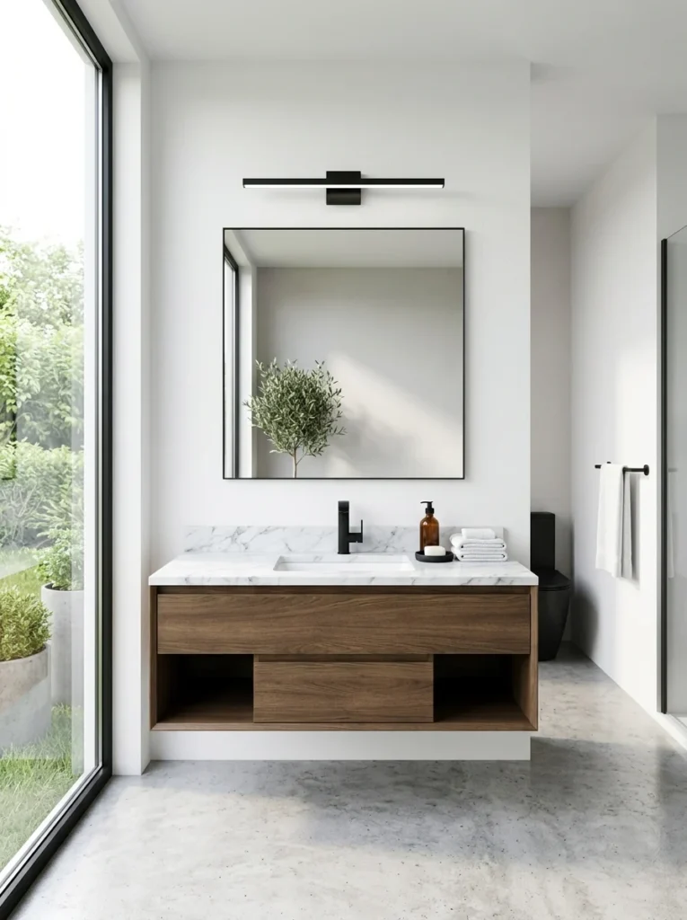 Square mirror above a modern bathroom vanity.