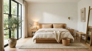 Warm minimalist bedroom featuring natural wood furniture, cream bedding, textured rug, soft lighting, and cozy neutral decor.