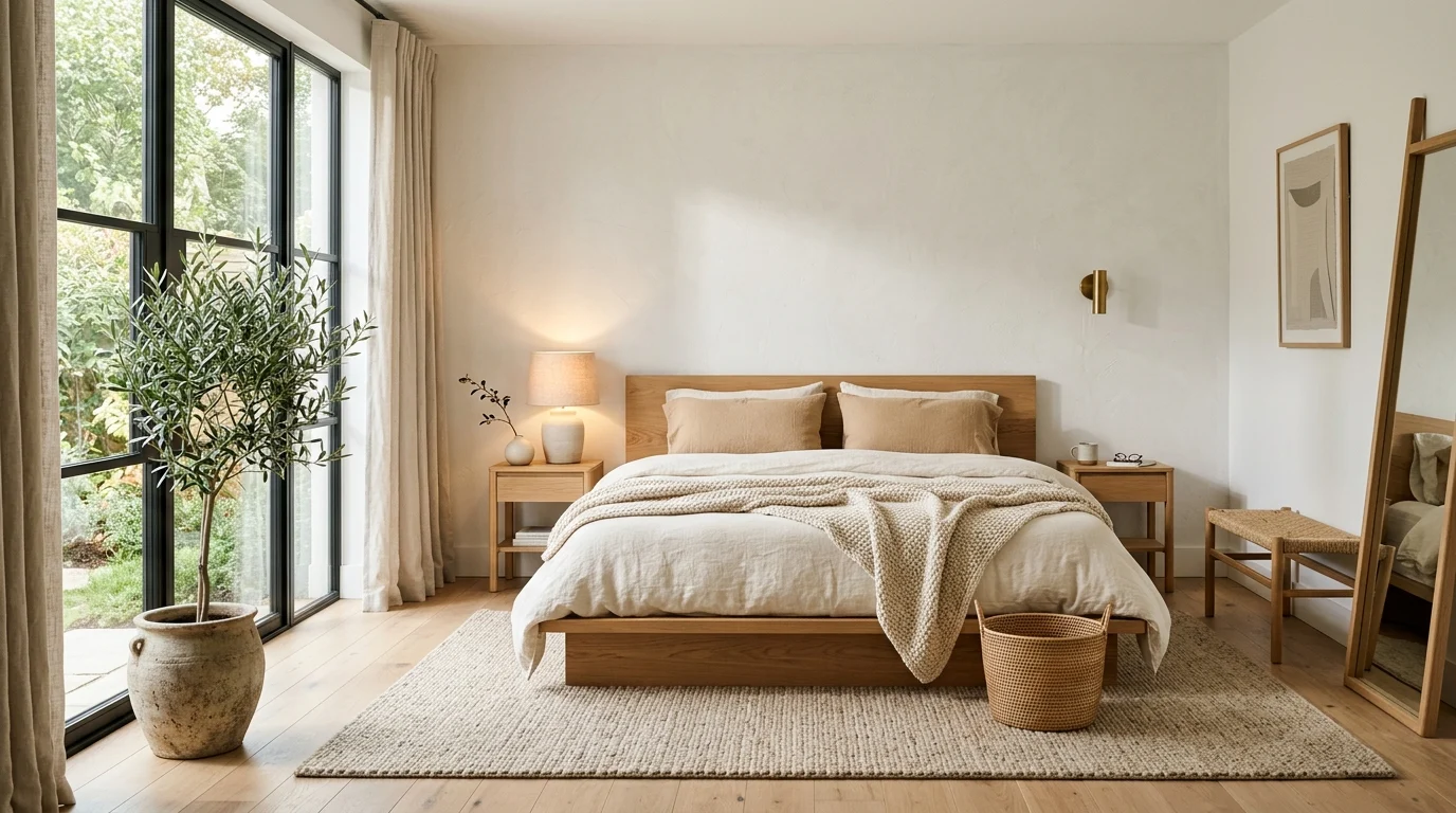 Warm minimalist bedroom featuring natural wood furniture, cream bedding, textured rug, soft lighting, and cozy neutral decor.